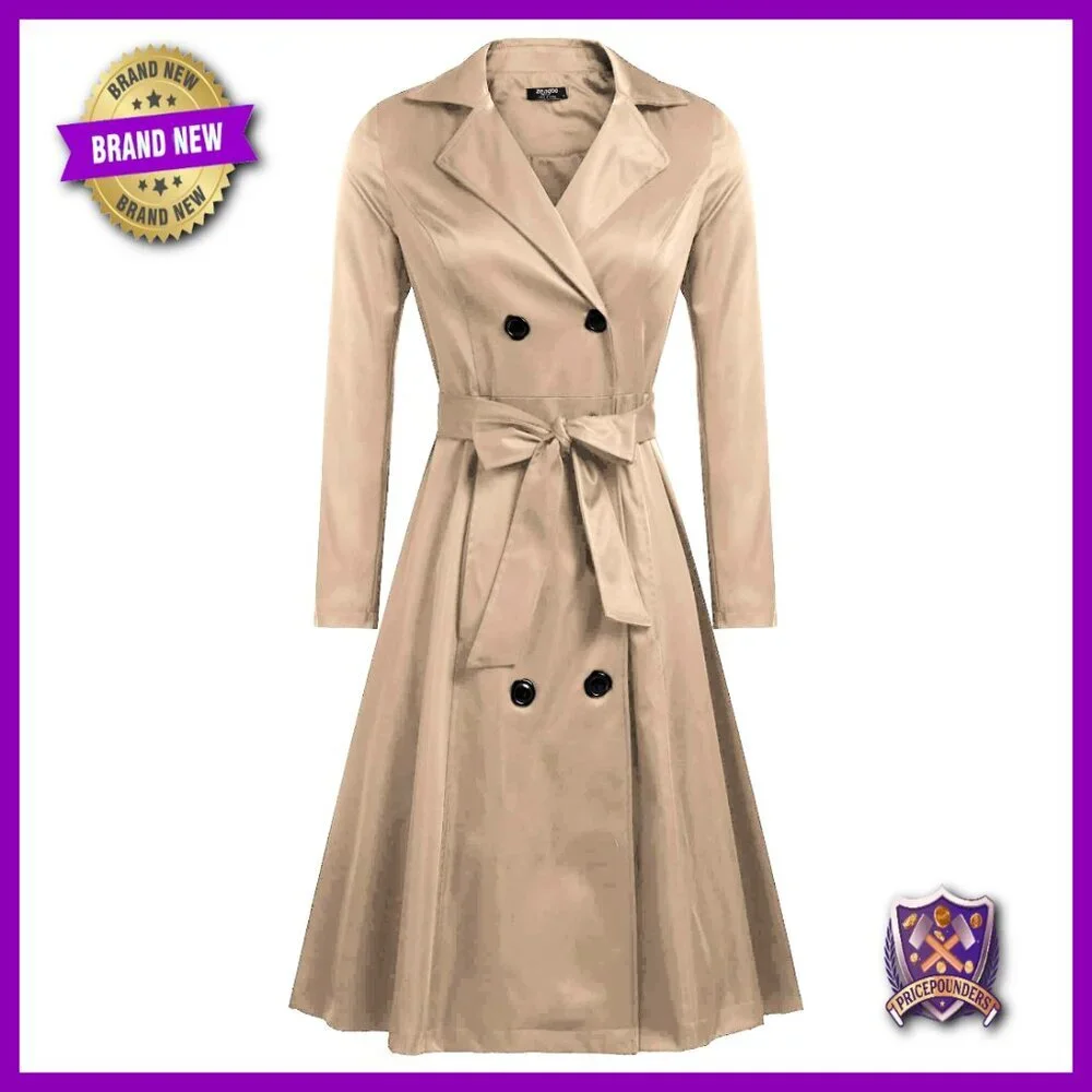 Double-Breasted Trench Coat with Belt Classic Elegant Slim Fit Office Wear
